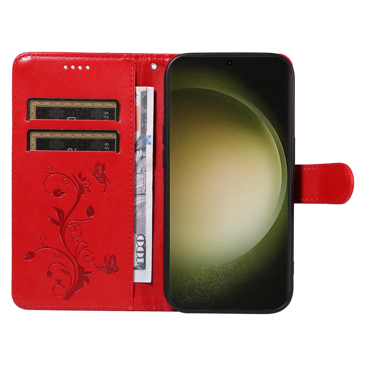 For Samsung Galaxy S24+ Phone Case with Wrist Strap Imprinted Butterfly Flower Stand Cover - Red
