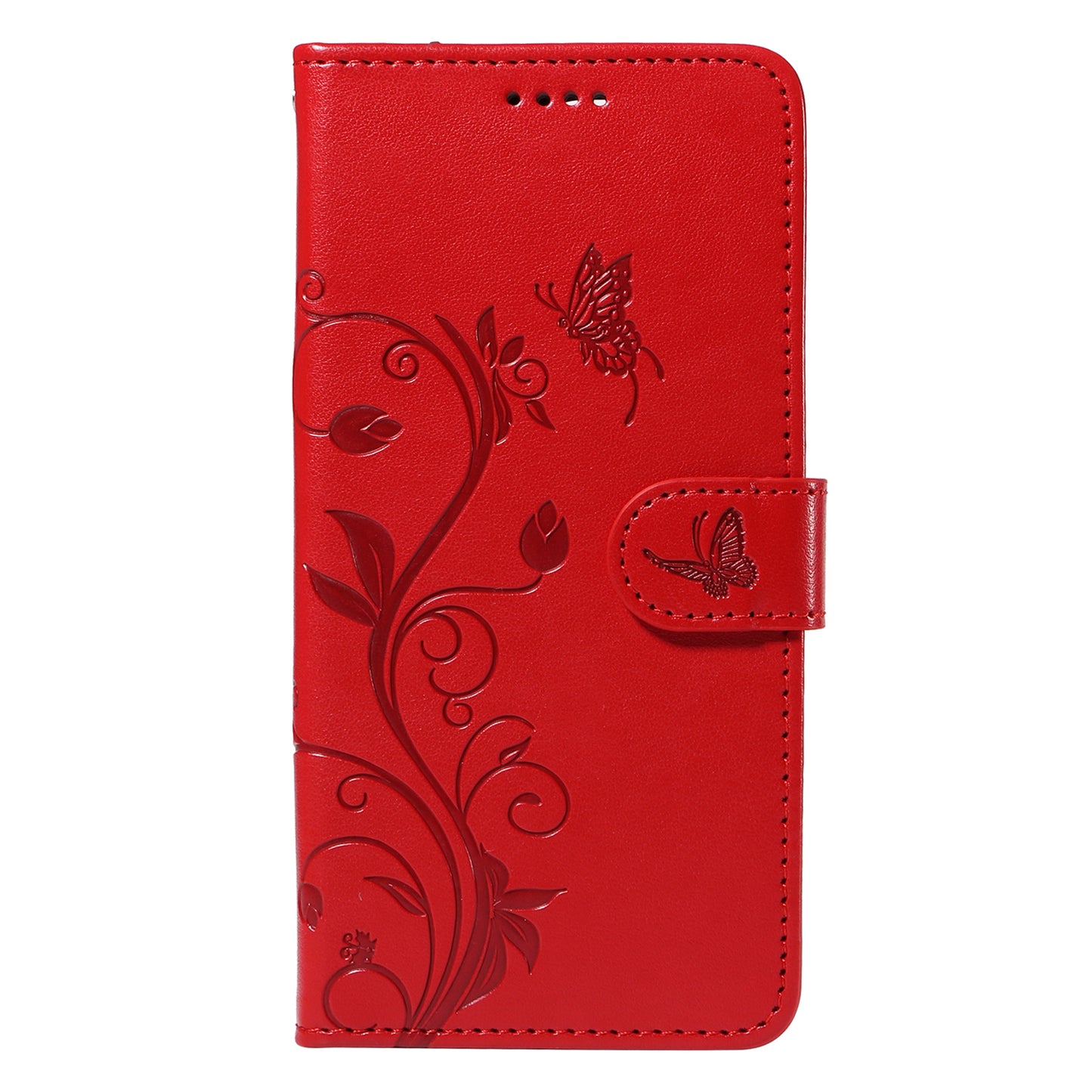 For Samsung Galaxy S24+ Phone Case with Wrist Strap Imprinted Butterfly Flower Stand Cover - Red