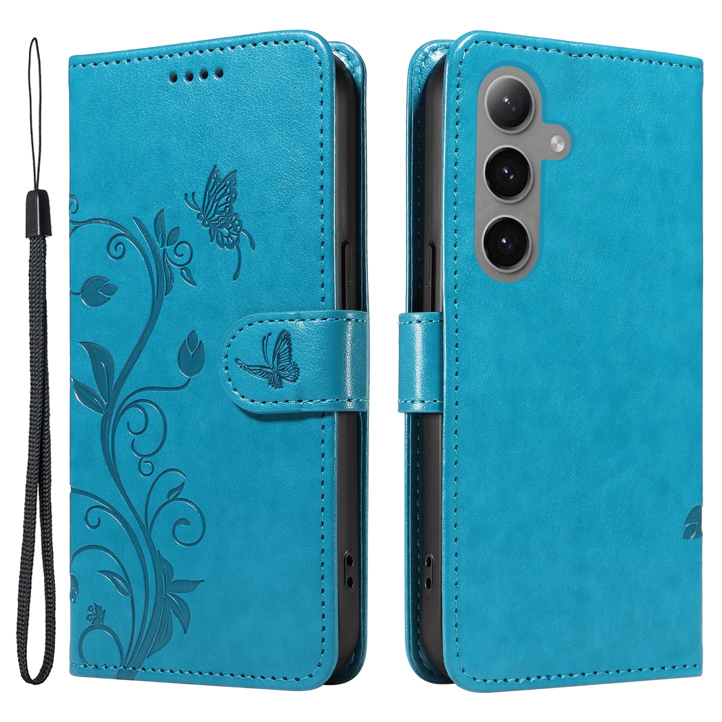 For Samsung Galaxy S24+ Phone Case with Wrist Strap Imprinted Butterfly Flower Stand Cover - Blue