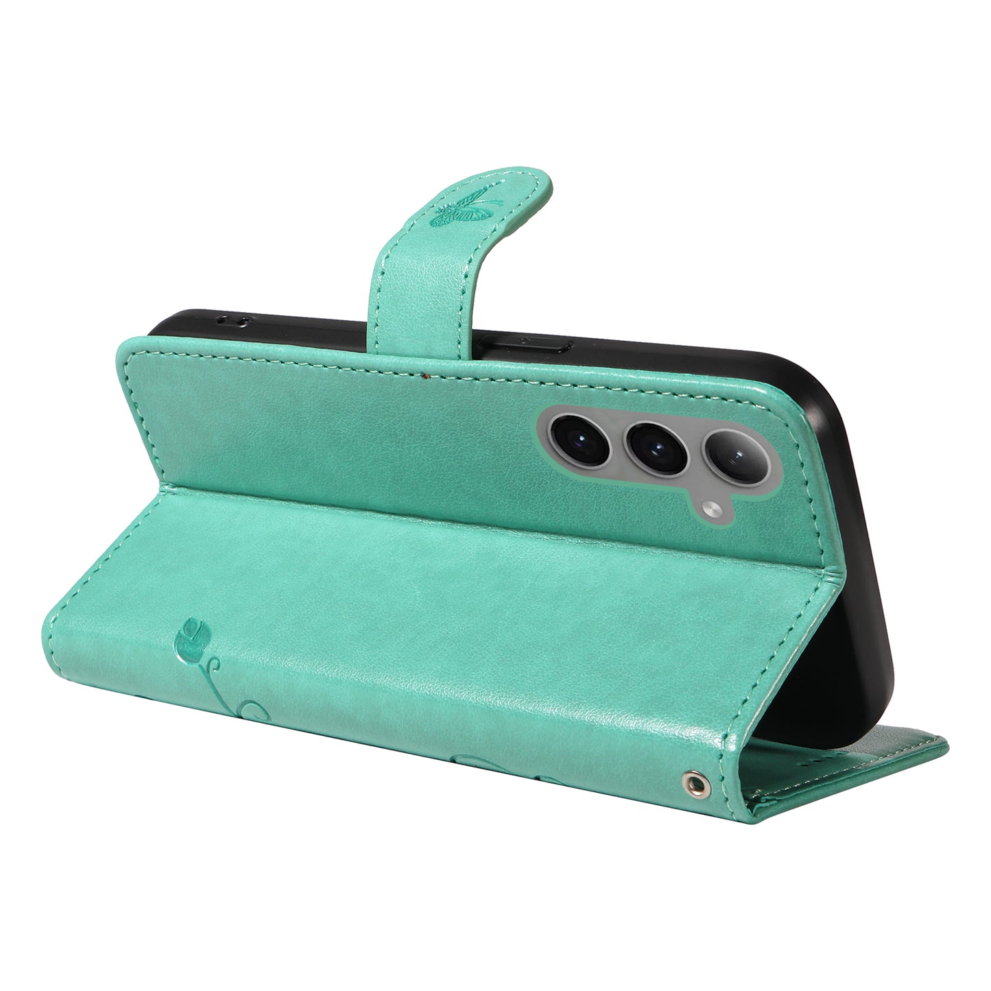 For Samsung Galaxy S24+ Phone Case with Wrist Strap Imprinted Butterfly Flower Stand Cover - Green