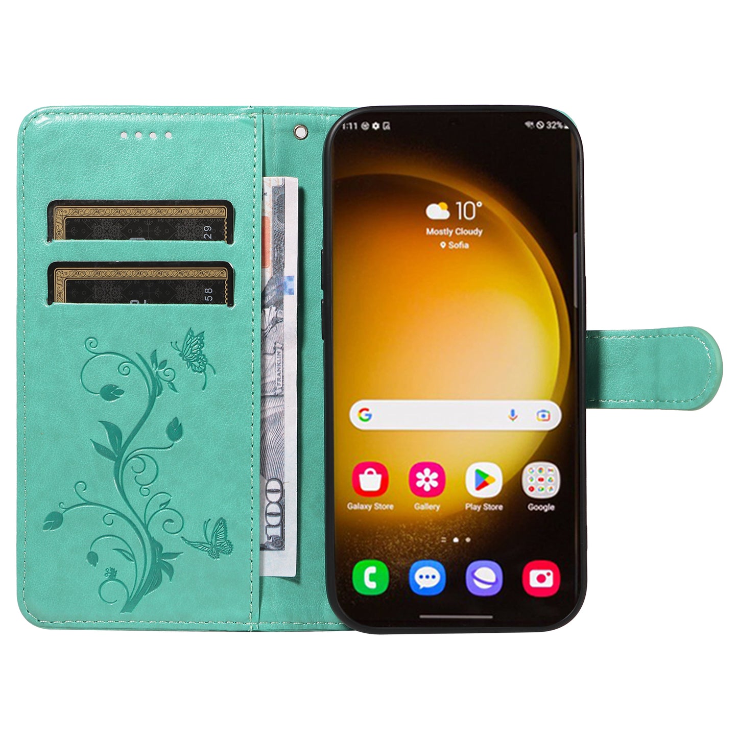 For Samsung Galaxy S24 Ultra Flower Blossom Leather Cover Full Protection Phone Case - Green