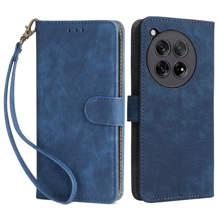 For OnePlus 12 5G Leather Phone Case with Strap RFID Blocking Card Slots - Blue