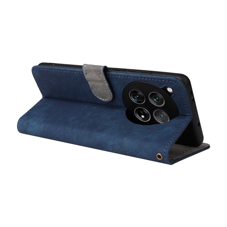 For OnePlus 12 5G Leather Phone Case with Strap RFID Blocking Card Slots - Blue