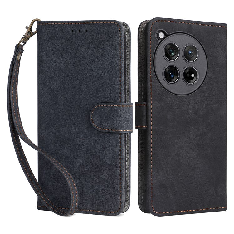 For OnePlus 12 5G Leather Phone Case with Strap RFID Blocking Card Slots - Black