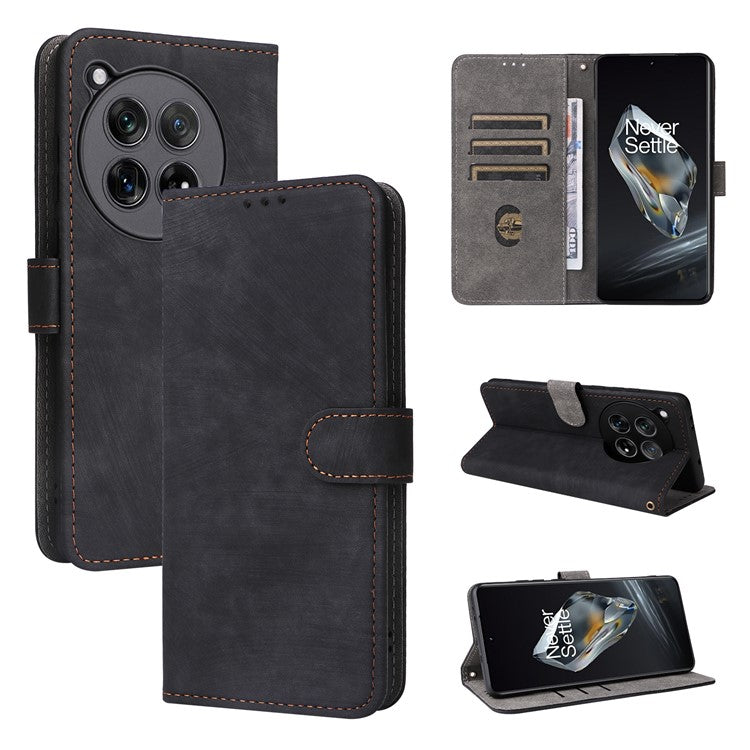 For OnePlus 12 5G Leather Phone Case with Strap RFID Blocking Card Slots - Black