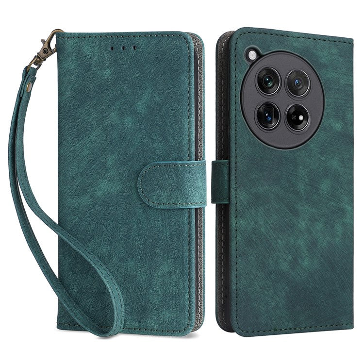 For OnePlus 12 5G Leather Phone Case with Strap RFID Blocking Card Slots - Green