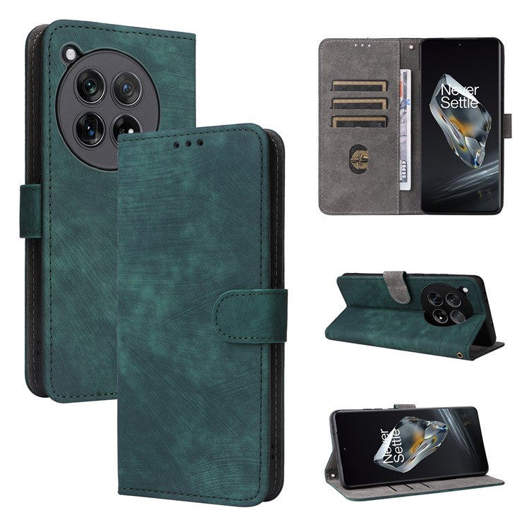 For OnePlus 12 5G Leather Phone Case with Strap RFID Blocking Card Slots - Green