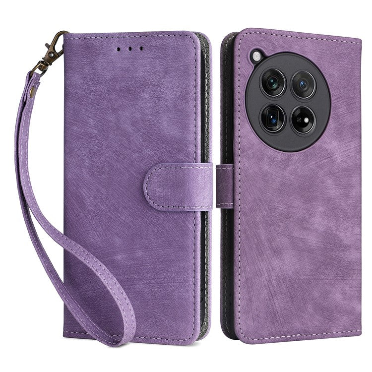 For OnePlus 12 5G Leather Phone Case with Strap RFID Blocking Card Slots - Purple
