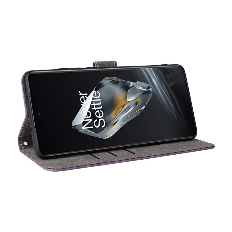 For OnePlus 12 5G Leather Phone Case with Strap RFID Blocking Card Slots - Purple