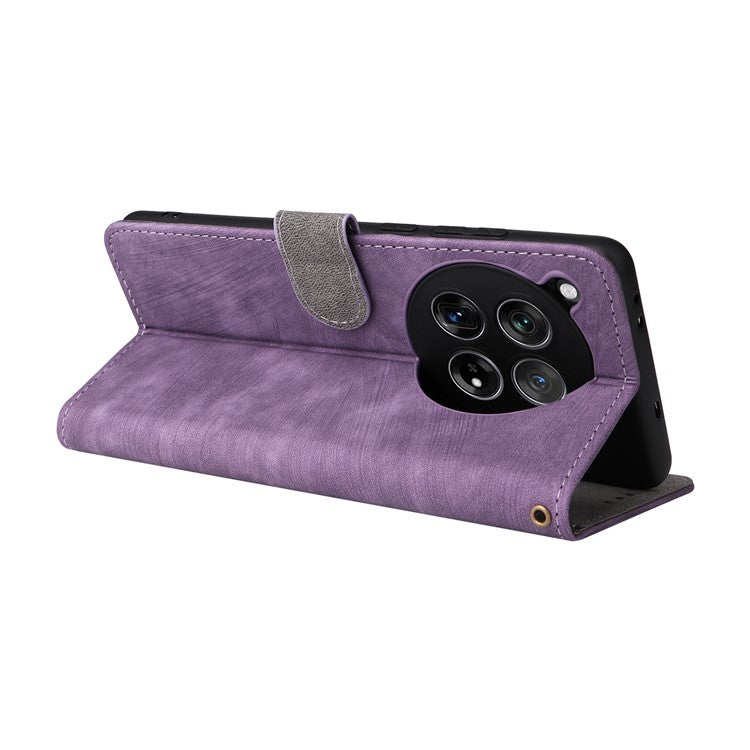 For OnePlus 12 5G Leather Phone Case with Strap RFID Blocking Card Slots - Purple