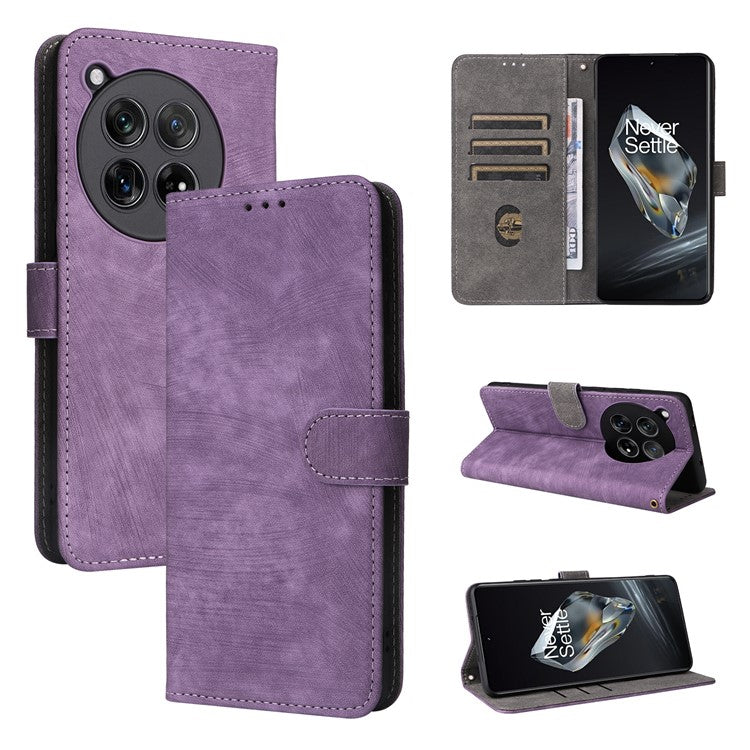 For OnePlus 12 5G Leather Phone Case with Strap RFID Blocking Card Slots - Purple