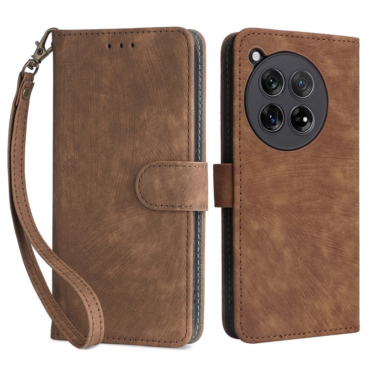 For OnePlus 12 5G Leather Phone Case with Strap RFID Blocking Card Slots - Brown