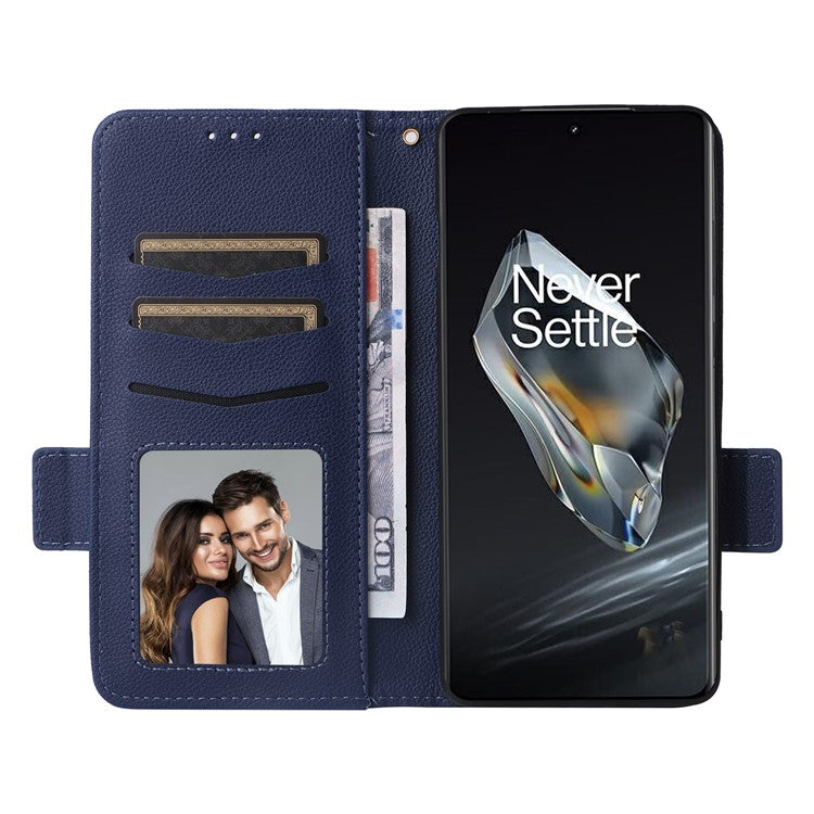 For OnePlus 12 5G Case PU Leather Litchi Texture Card Slots Phone Protector with Strap - Dark Blue