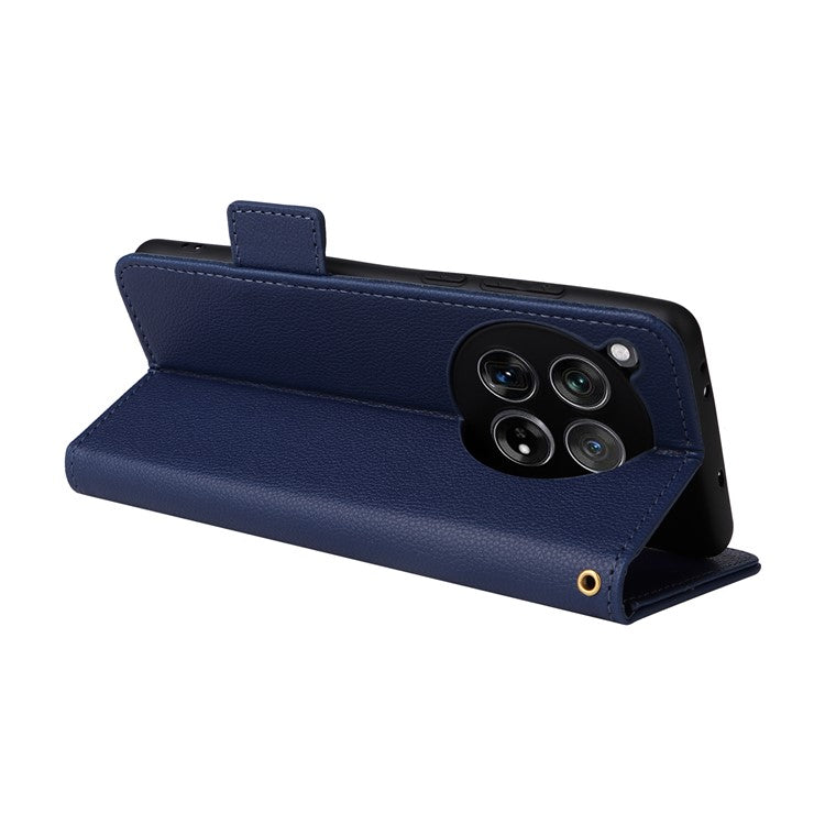 For OnePlus 12 5G Case PU Leather Litchi Texture Card Slots Phone Protector with Strap - Dark Blue