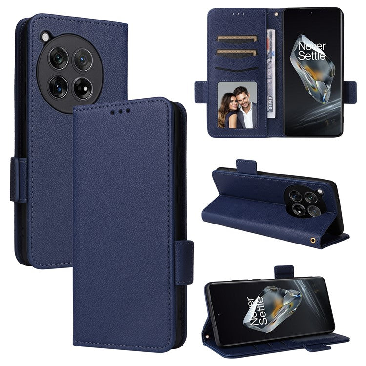 For OnePlus 12 5G Case PU Leather Litchi Texture Card Slots Phone Protector with Strap - Dark Blue