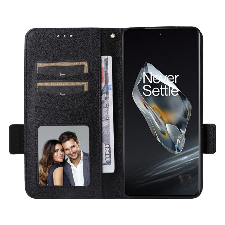 For OnePlus 12 5G Case PU Leather Litchi Texture Card Slots Phone Protector with Strap - Black
