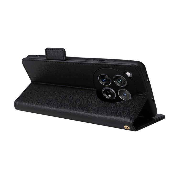 For OnePlus 12 5G Case PU Leather Litchi Texture Card Slots Phone Protector with Strap - Black