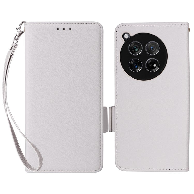 For OnePlus 12 5G Case PU Leather Litchi Texture Card Slots Phone Protector with Strap - White