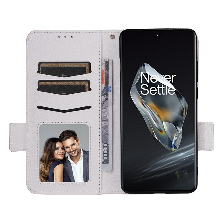 For OnePlus 12 5G Case PU Leather Litchi Texture Card Slots Phone Protector with Strap - White