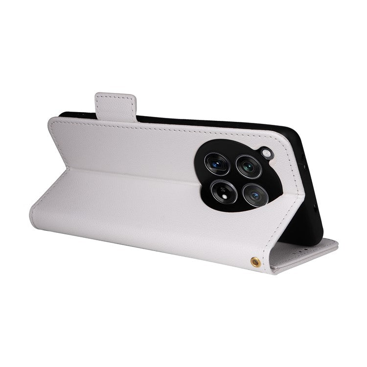 For OnePlus 12 5G Case PU Leather Litchi Texture Card Slots Phone Protector with Strap - White