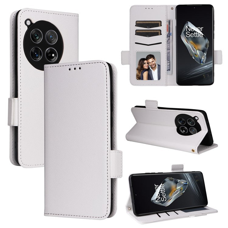 For OnePlus 12 5G Case PU Leather Litchi Texture Card Slots Phone Protector with Strap - White