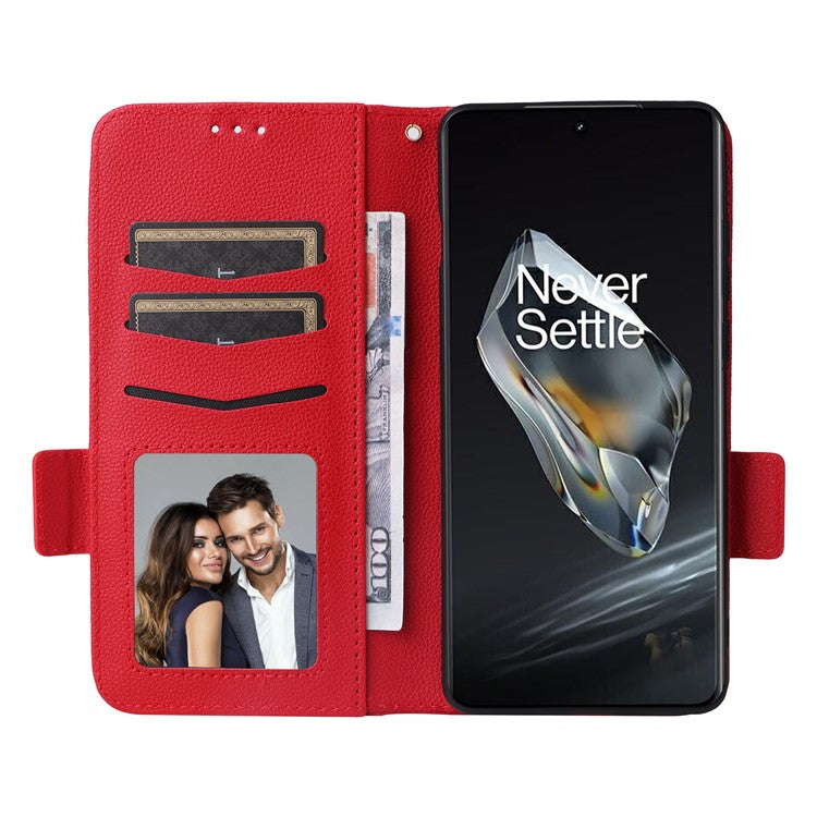 For OnePlus 12 5G Case PU Leather Litchi Texture Card Slots Phone Protector with Strap - Red
