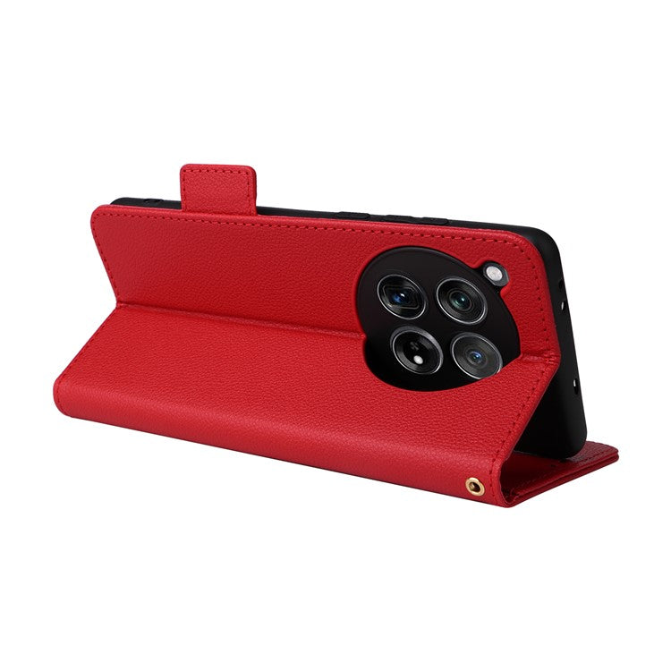 For OnePlus 12 5G Case PU Leather Litchi Texture Card Slots Phone Protector with Strap - Red