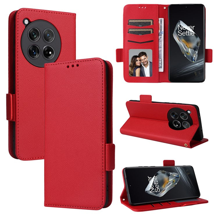 For OnePlus 12 5G Case PU Leather Litchi Texture Card Slots Phone Protector with Strap - Red