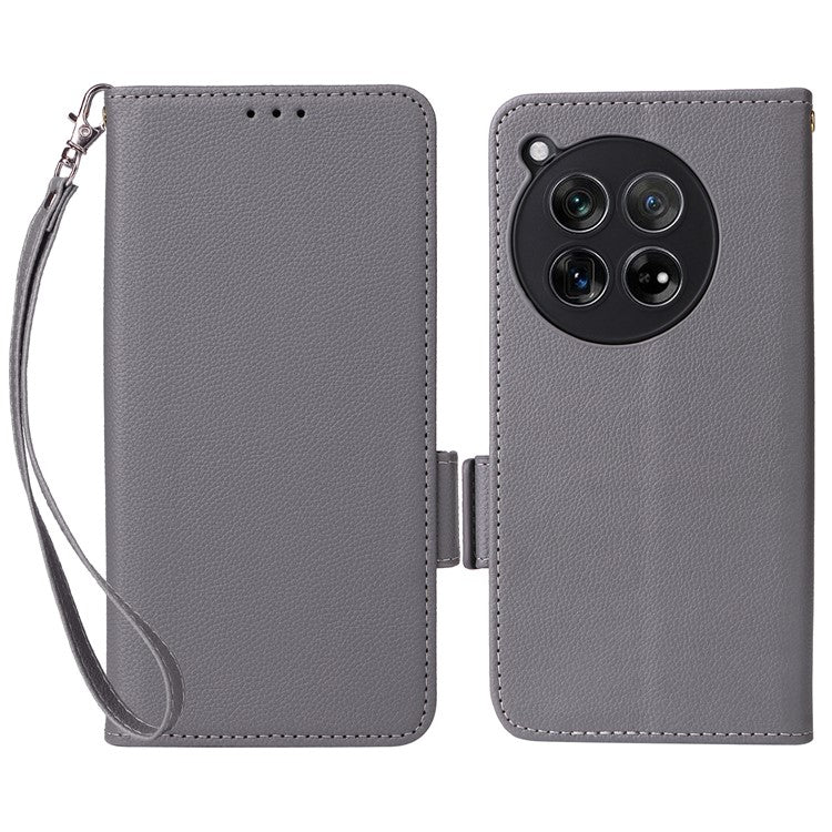 For OnePlus 12 5G Case PU Leather Litchi Texture Card Slots Phone Protector with Strap - Grey