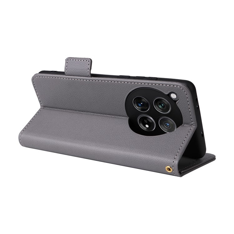 For OnePlus 12 5G Case PU Leather Litchi Texture Card Slots Phone Protector with Strap - Grey