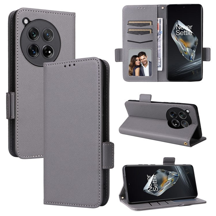 For OnePlus 12 5G Case PU Leather Litchi Texture Card Slots Phone Protector with Strap - Grey