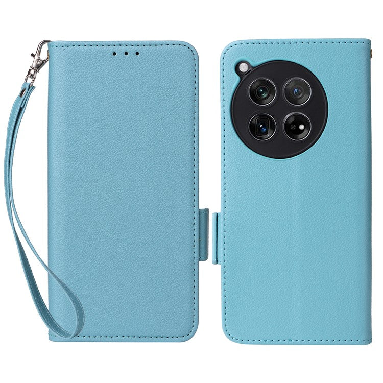 For OnePlus 12 5G Case PU Leather Litchi Texture Card Slots Phone Protector with Strap - Baby Blue