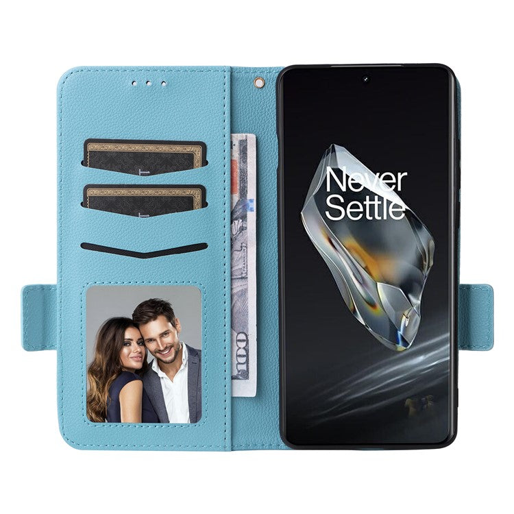 For OnePlus 12 5G Case PU Leather Litchi Texture Card Slots Phone Protector with Strap - Baby Blue