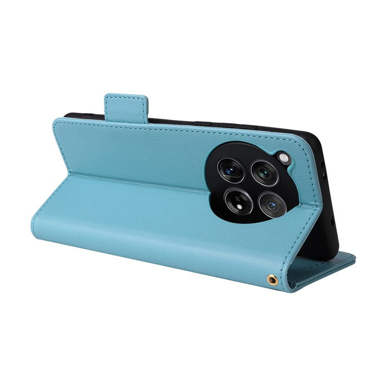 For OnePlus 12 5G Case PU Leather Litchi Texture Card Slots Phone Protector with Strap - Baby Blue