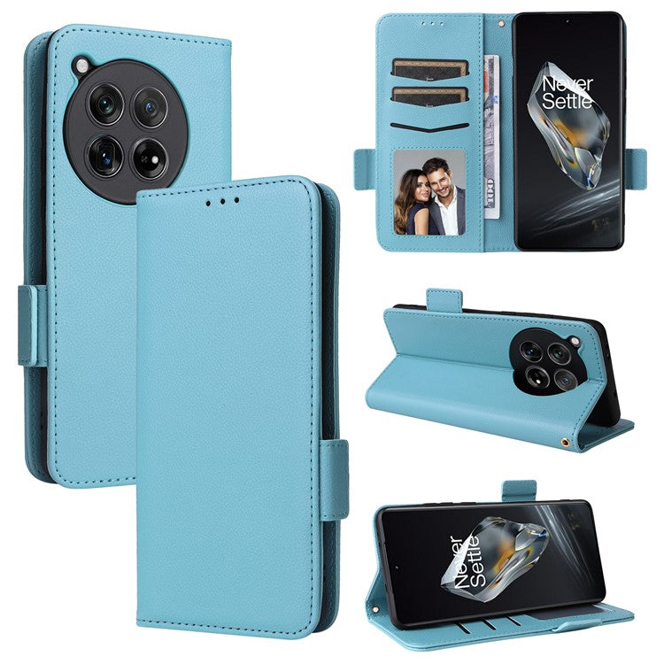 For OnePlus 12 5G Case PU Leather Litchi Texture Card Slots Phone Protector with Strap - Baby Blue