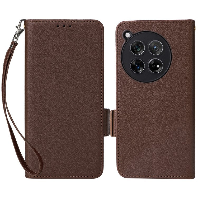 For OnePlus 12 5G Case PU Leather Litchi Texture Card Slots Phone Protector with Strap - Brown