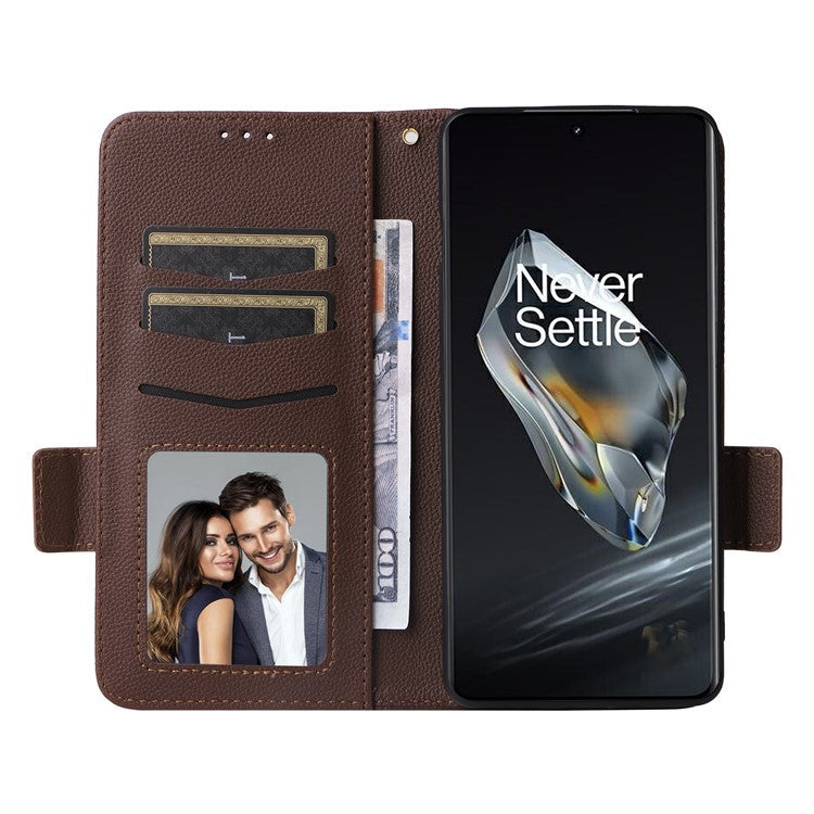 For OnePlus 12 5G Case PU Leather Litchi Texture Card Slots Phone Protector with Strap - Brown