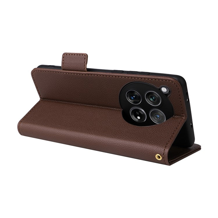 For OnePlus 12 5G Case PU Leather Litchi Texture Card Slots Phone Protector with Strap - Brown