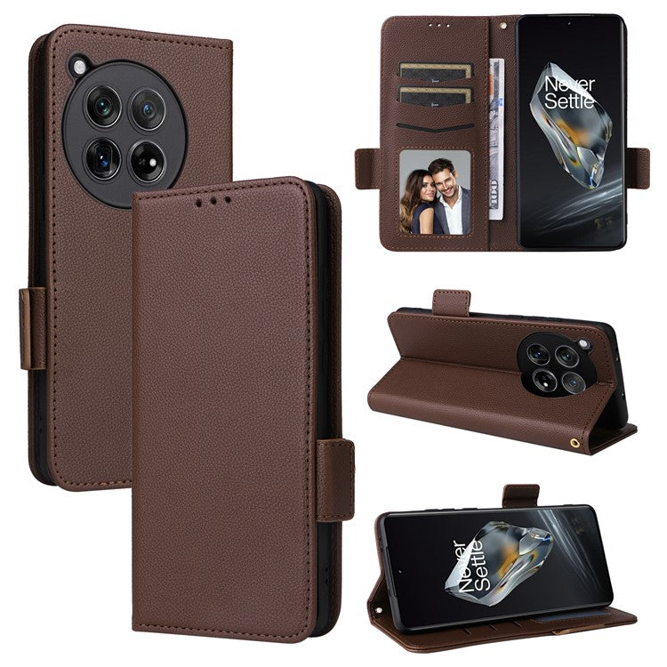 For OnePlus 12 5G Case PU Leather Litchi Texture Card Slots Phone Protector with Strap - Brown