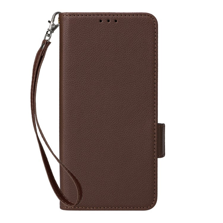For OnePlus 12 5G Case PU Leather Litchi Texture Card Slots Phone Protector with Strap - Brown