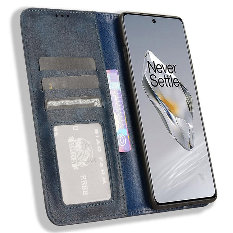 For OnePlus 12 5G Retro Texture Phone Shell Wallet PU Leather Case Stand Cover - Blue