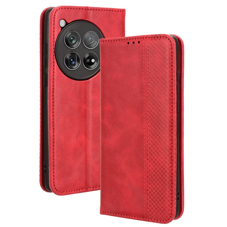 For OnePlus 12 5G Retro Texture Phone Shell Wallet PU Leather Case Stand Cover - Red
