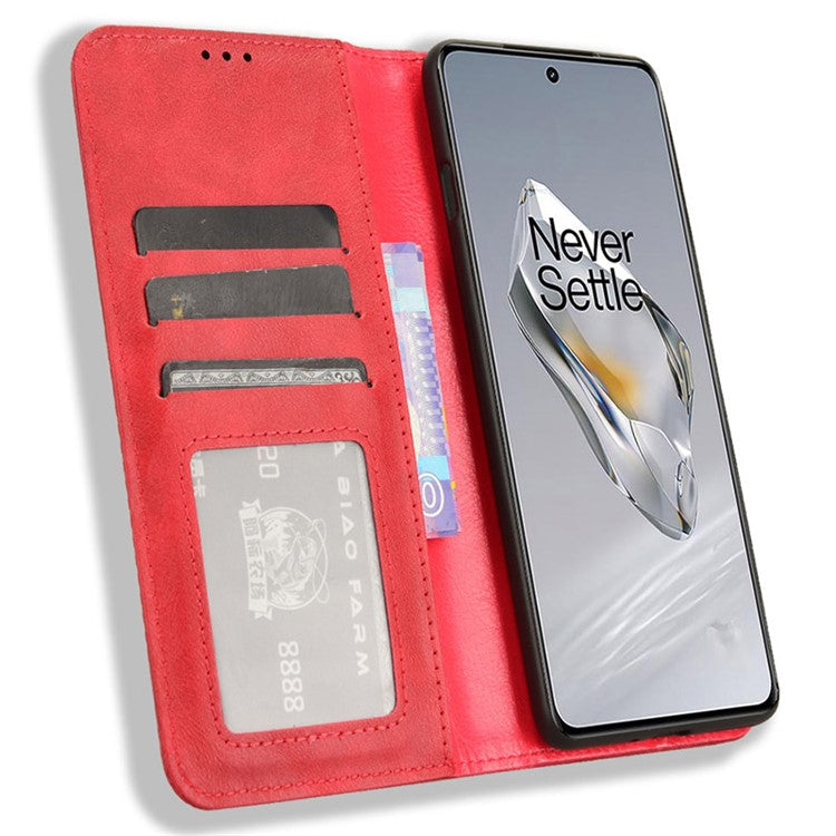 For OnePlus 12 5G Retro Texture Phone Shell Wallet PU Leather Case Stand Cover - Red