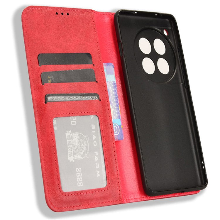 For OnePlus 12 5G Retro Texture Phone Shell Wallet PU Leather Case Stand Cover - Red