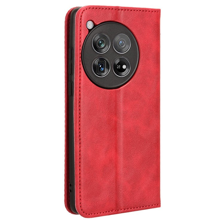 For OnePlus 12 5G Retro Texture Phone Shell Wallet PU Leather Case Stand Cover - Red