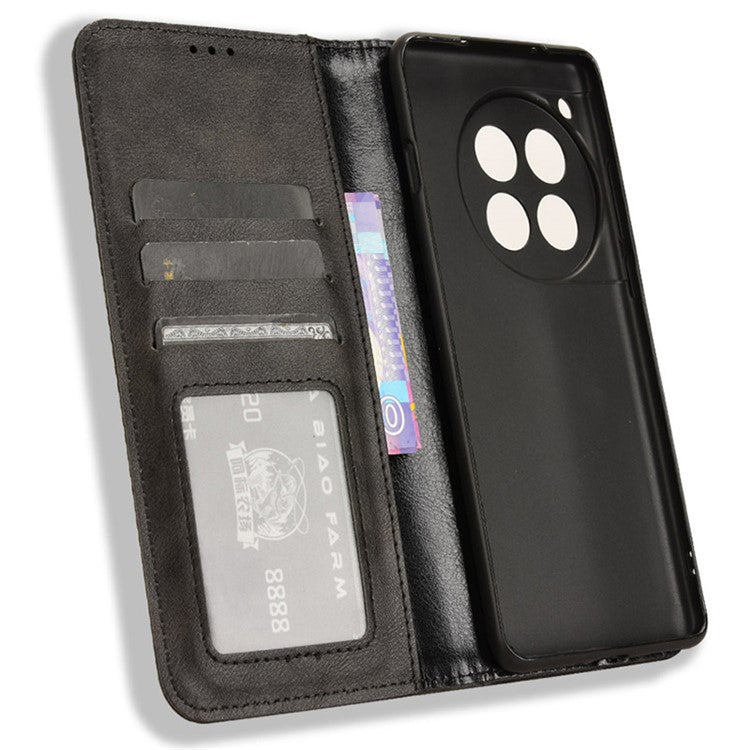 For OnePlus 12 5G Retro Texture Phone Shell Wallet PU Leather Case Stand Cover - Black