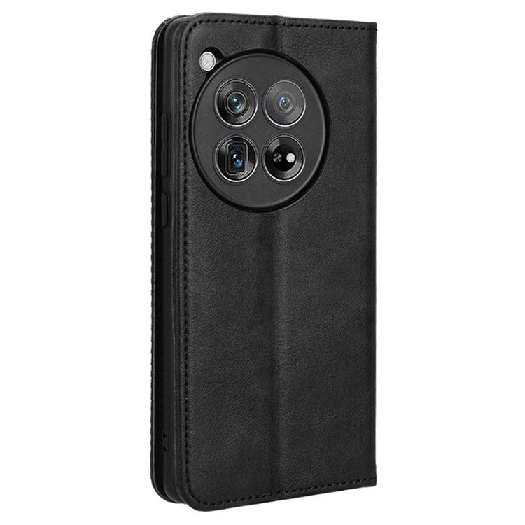 For OnePlus 12 5G Retro Texture Phone Shell Wallet PU Leather Case Stand Cover - Black