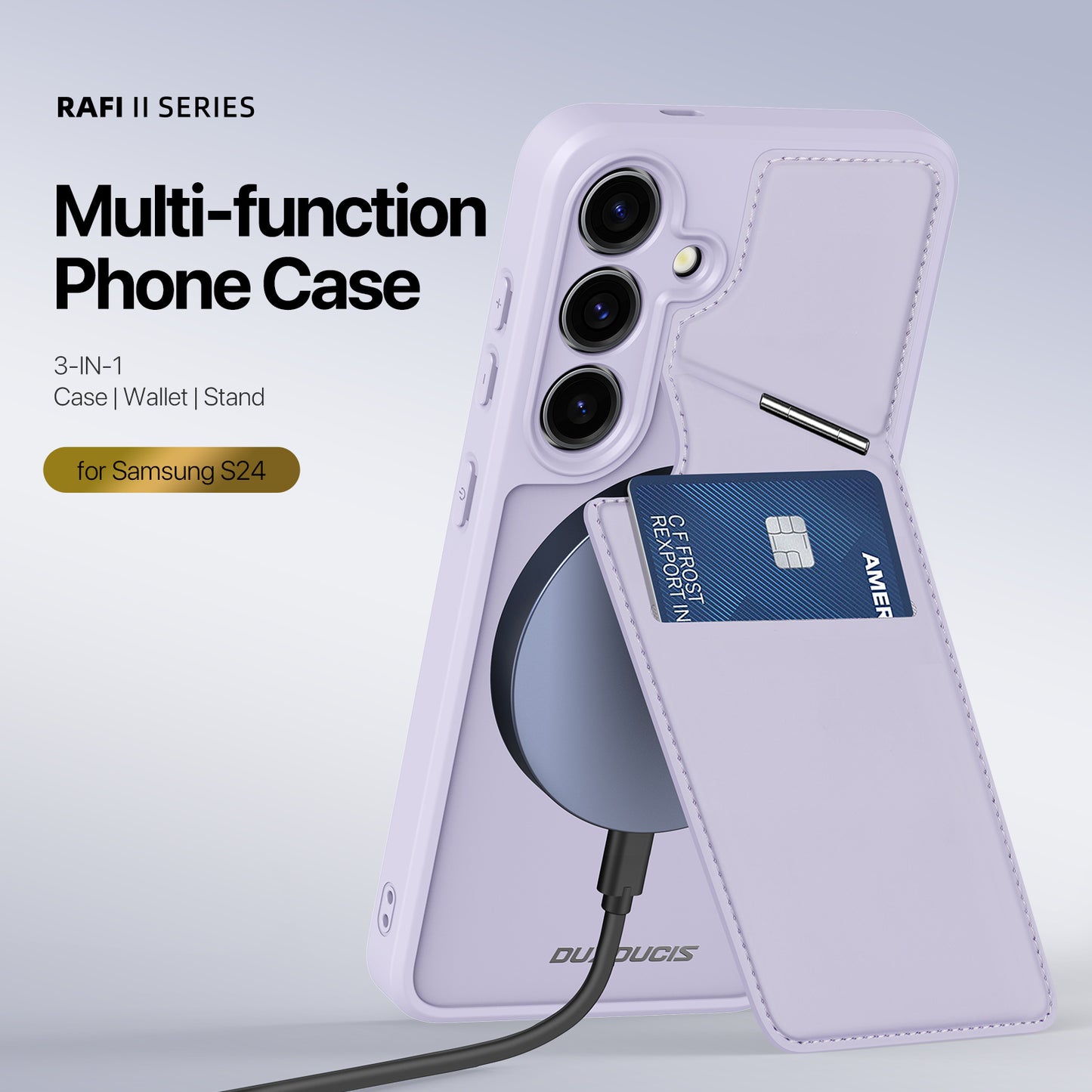 DUX DUCIS Rafi II Series for Samsung Galaxy S24 RFID Blocking Case Card Holder Kickstand Phone Cover - Purple