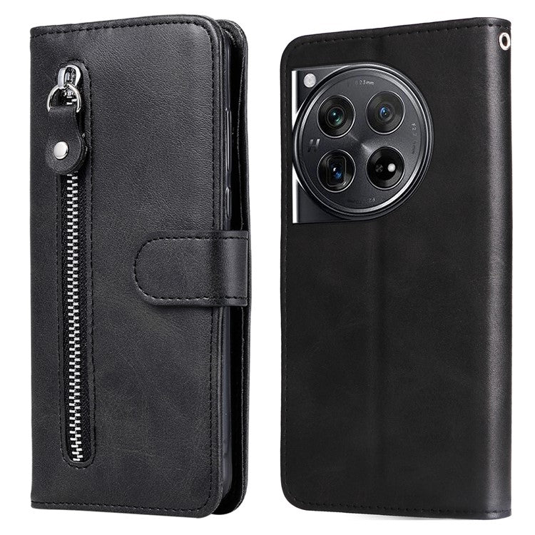 For OnePlus 12 5G Case Zipper Pocket Wallet Stand Calf Texture Phone Leather Cover - Black