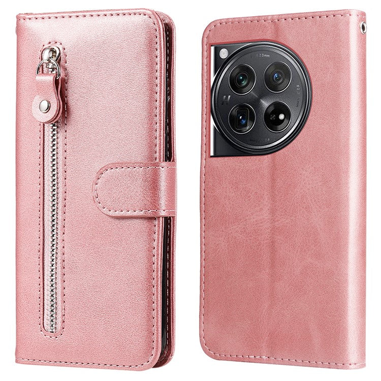 For OnePlus 12 5G Case Zipper Pocket Wallet Stand Calf Texture Phone Leather Cover - Pink